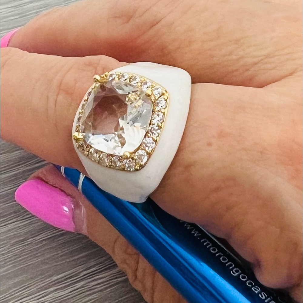 Large Gold and White enamel adjustable Ring with clear CZ Accents